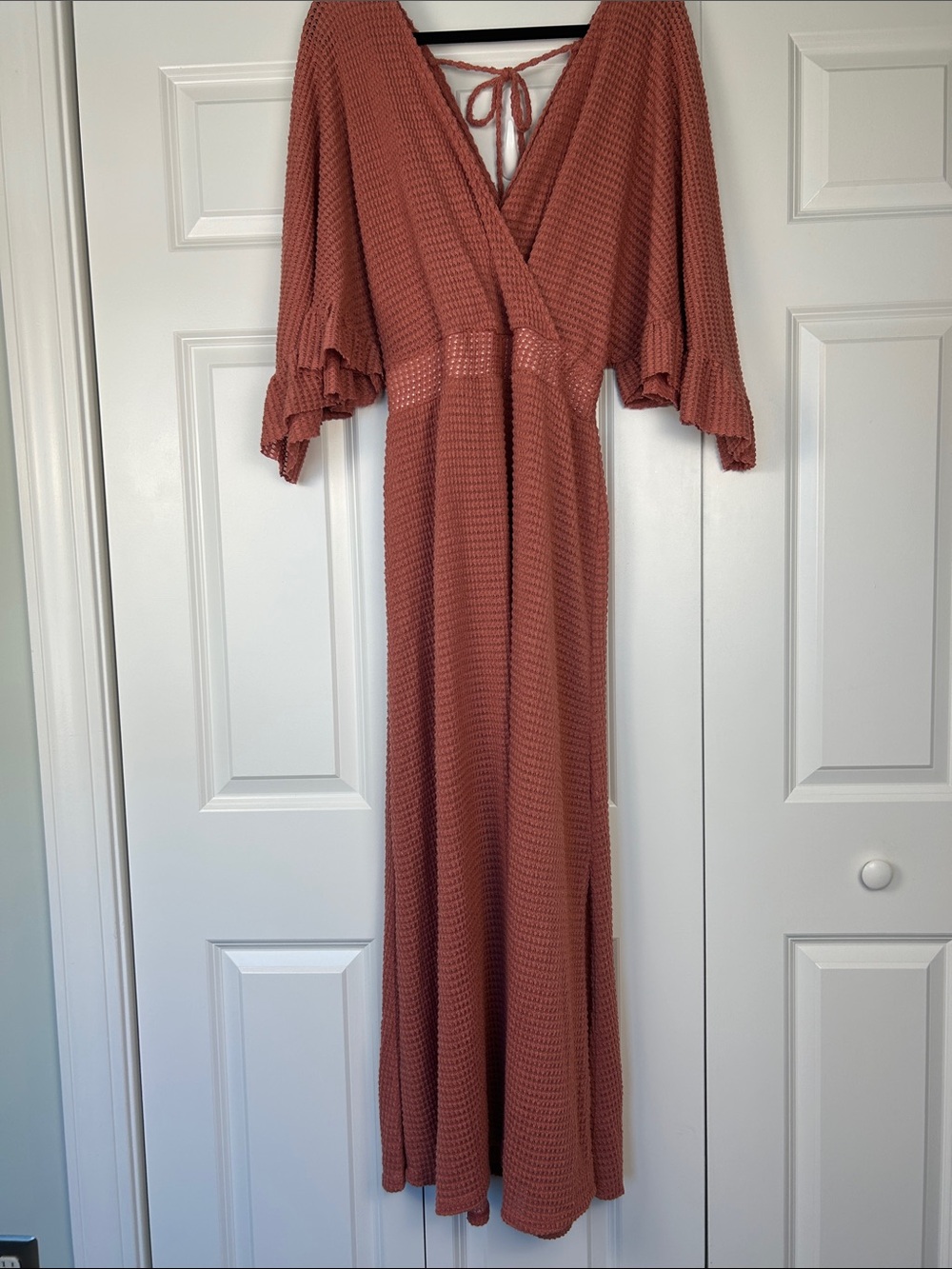 Blue Buttercup Waffle-Knit Rust Maxi Dress with V-Neck and Tie Back